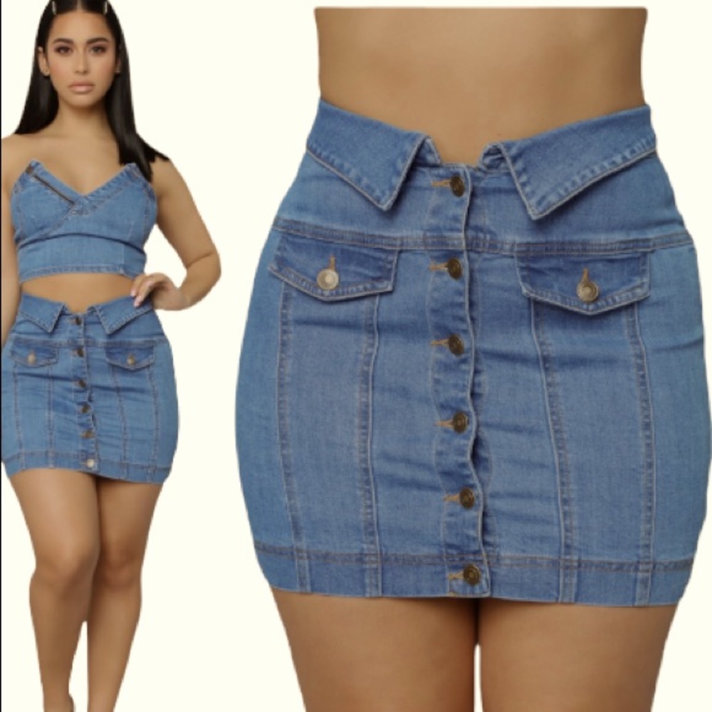 Skirt denim jeans mini fashion blue collared buttons down